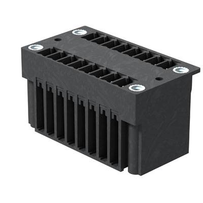 Une fiche noire, rectangulaire, dotée de croix métalliques aux coins et de fentes verticales pour la ventilation.