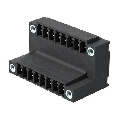 Un connecteur électrique noir avec plusieurs points de connexion pour les branchements de câbles. Il a une forme rectangulaire et deux vis de fixation.