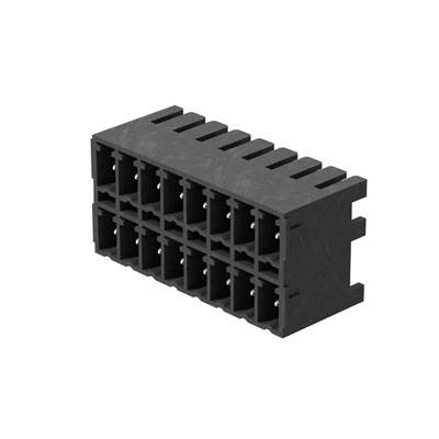 Un connecteur rectangulaire noir en plastique avec deux rangées d'ouvertures carrées pour des connexions électroniques.