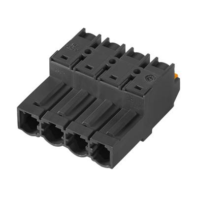 Un connecteur en plastique noir à cinq broches, avec des ouvertures rectangulaires pour les connexions électriques et des attaches de fixation latérales.