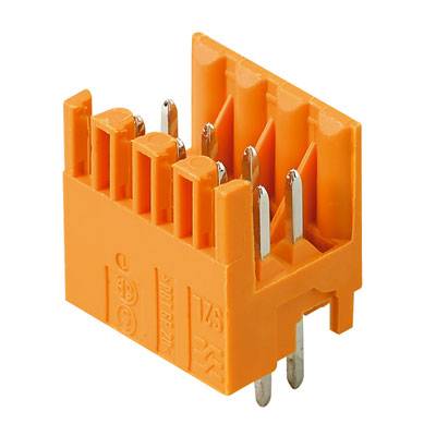 Connecteur orange à six broches métalliques verticales, adapté aux connexions électroniques.