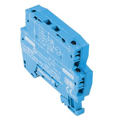 Relais électrique bleu avec spécifications techniques et connexions visibles. Marquage CE et numéro de modèle apparents.