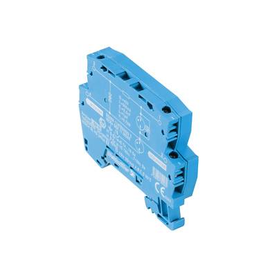 Un module de relais électrique bleu, plat, avec des bornes de connexion et des spécifications techniques, visible sur la face avant.