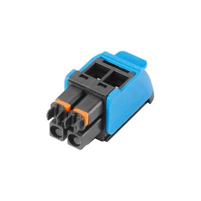 Connecteur électrique bipolaire en bleu et noir avec mécanisme de serrage par fil, adapté pour des connexions de câbles sécurisées.
