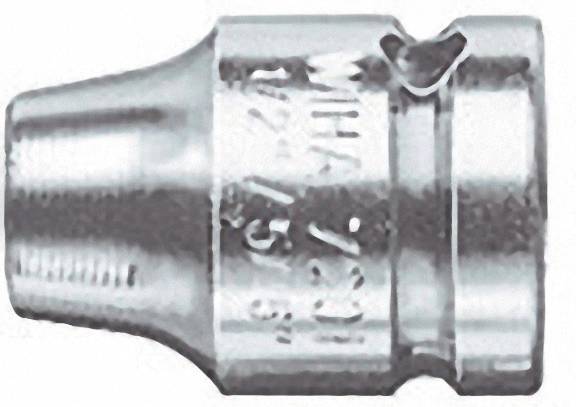 Embout métallique à six pans avec texte gravé. Utilisé pour fixer et desserrer des vis avec un embout correspondant.