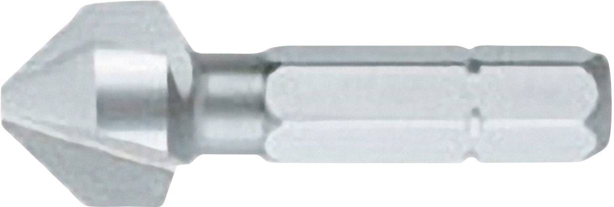 Un ébavureur conique en argent avec un emmanchement hexagonal, adapté pour l'ébavurage ou la préparation des trous de perçage pour les vis.