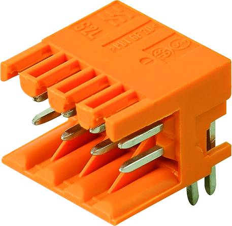 Connecteur électrique orange avec six éléments métalliques, utilisable pour le câblage ou la connexion électrique.