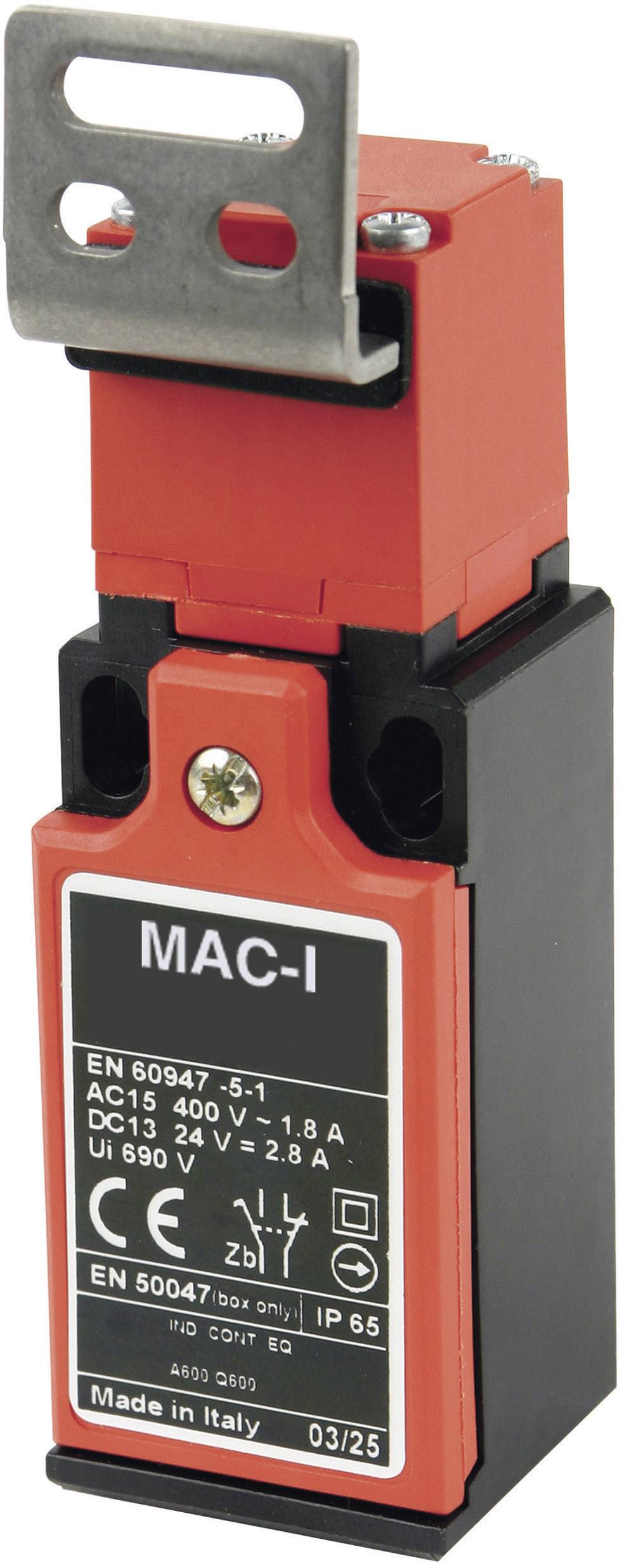 Un interrupteur de sécurité rouge portant l'inscription 'MAC-I', adapté pour AC15 400V 1,8A et DC13 24V 2,8A, indice de protection IP65.