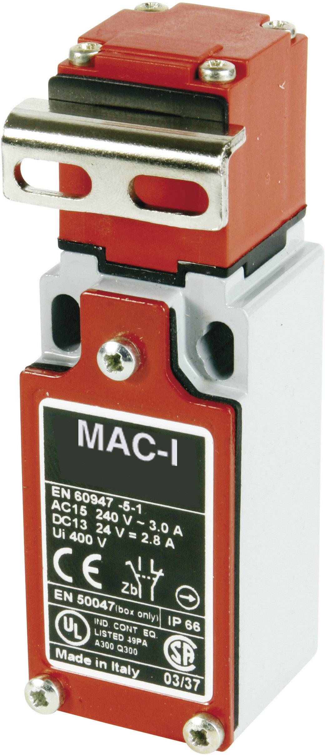 Un bouton d'arrêt d'urgence avec un boîtier rouge et l'inscription 'MAC-I'. Contient des spécifications techniques et des logos de certification.