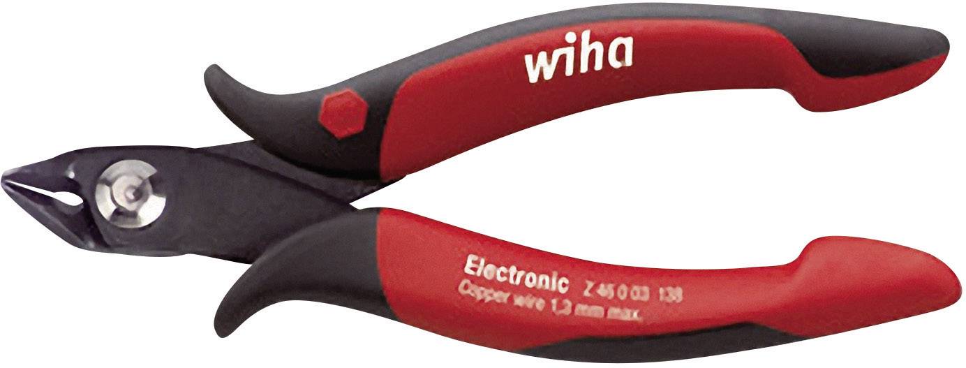 Coupe-câbles électroniques en rouge et noir portant l'inscription 'Wiha', adaptés pour les câbles en cuivre jusqu'à 1,3 mm d'épaisseur.