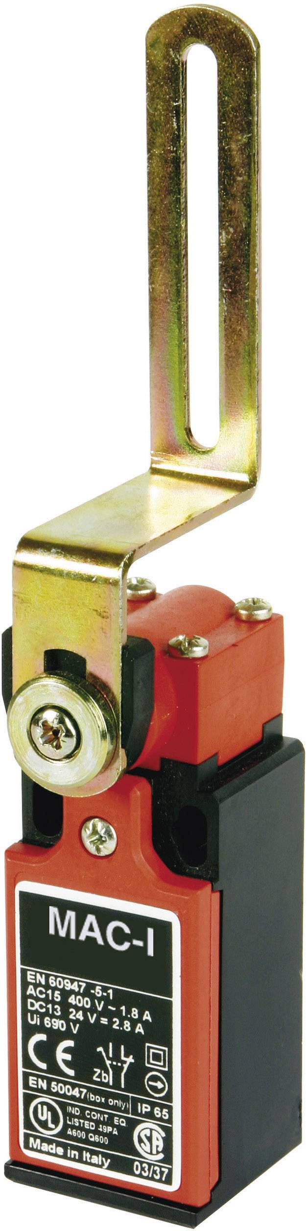 Interrupteur industriel avec boîtier rouge et levier métallique long et ajustable, portant la mention 'MAC-I', certifications CE et UL visibles.