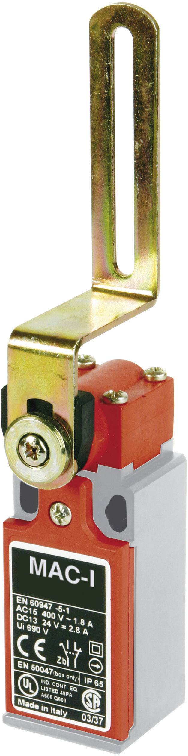 Un micro-interrupteur rouge avec un levier métallique et l'étiquette noire portant la mention 'MAC-I'. Conforme aux normes CE, avec des détails techniques.