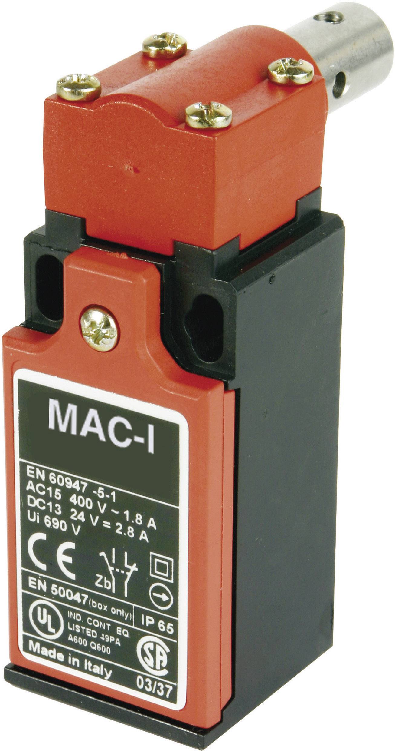 Un interrupteur électrique rouge avec un boîtier noir et des inscriptions blanches. Le texte 'MAC-I', les spécifications techniques et le sceau de certification sont visibles.