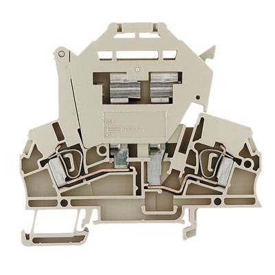Bloc de connexion beige avec contacts métalliques, adapté pour le raccordement de conducteurs électriques. Fonction principale : connecteur de lignes électriques.