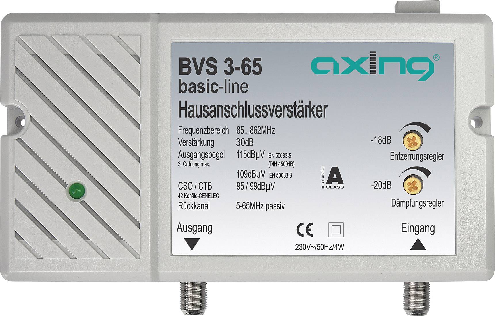 'Amplificateur de connexion réseau BVS 3-65' d'Axing, Amplification : 30 dB, Plage de fréquence : 85-862 MHz, Entrée : 230 V, Produit économe en énergie de classe A.
