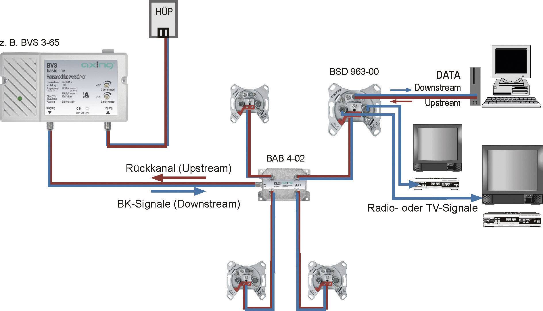 Diagramme d'un réseau de télévision par câble. Montre la distribution des signaux de télévision par câble et la communication entre le point de distribution principal, les téléviseurs et les ordinateurs.