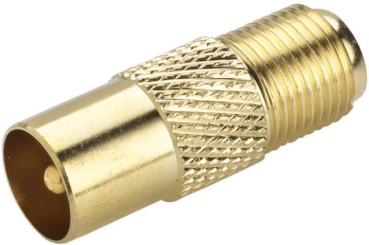 Adaptateur d'antenne doré, avec une extrémité en connecteur coaxial et l'autre en vis de raccordement F, couramment utilisé pour les connexions TV.