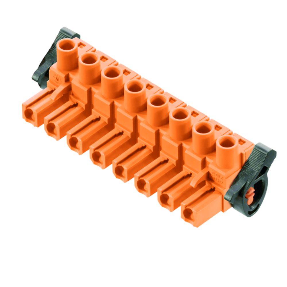 Connecteur orange à 8 pôles avec mécanismes de verrouillage par vis aux extrémités, adapté pour une utilisation dans des systèmes électriques ou électroniques.
