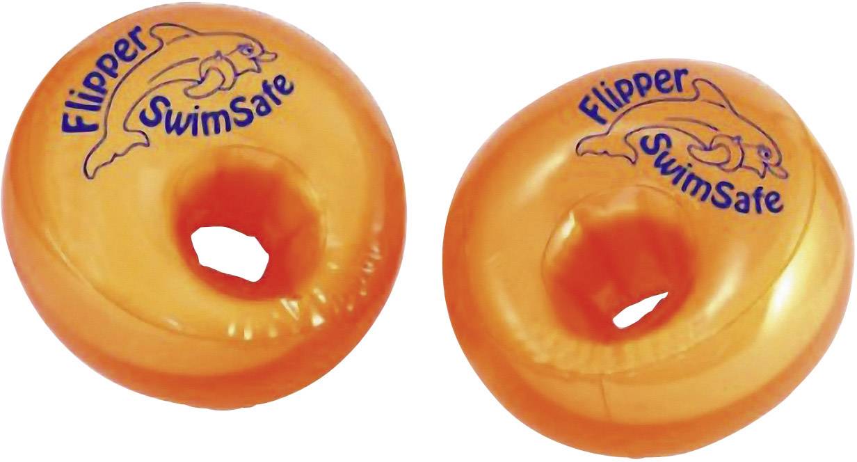 Deux brassards de natation orange portant l'inscription 'Flipper SwimSafe' et un logo de dauphin, conçus pour la sécurité aquatique.