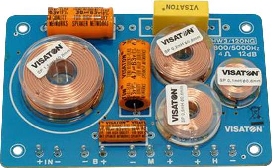 Filtre électronique de fréquence de Visaton avec différentes bobines et condensateurs sur un circuit imprimé bleu.