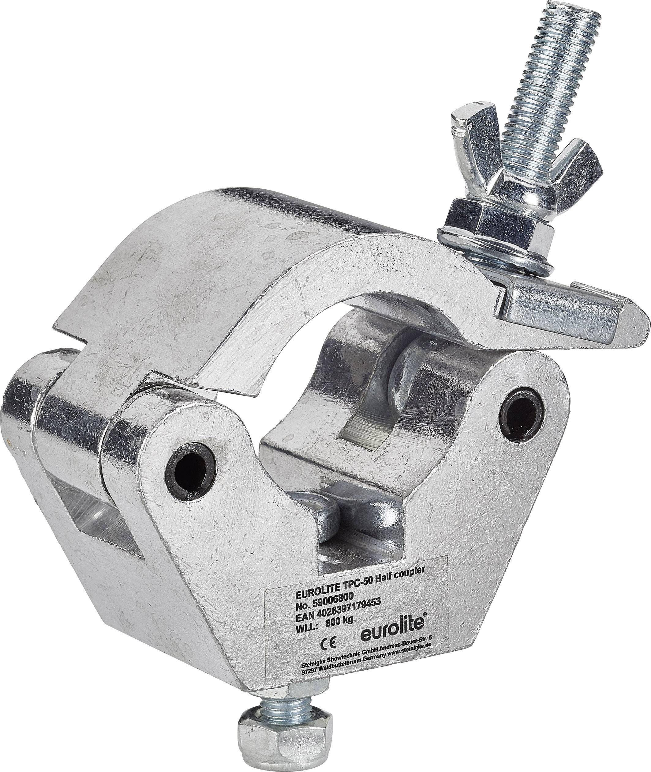 Un support de fixation en métal argenté avec des vis et des écrous. Adapté pour la fixation sur des objets ronds. Marquage 'eurolite'.