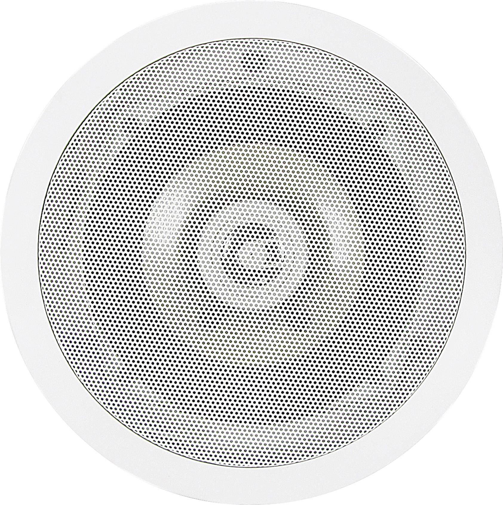 Grille de haut-parleur circulaire blanche avec motif perforé, centrée sur un fond blanc.