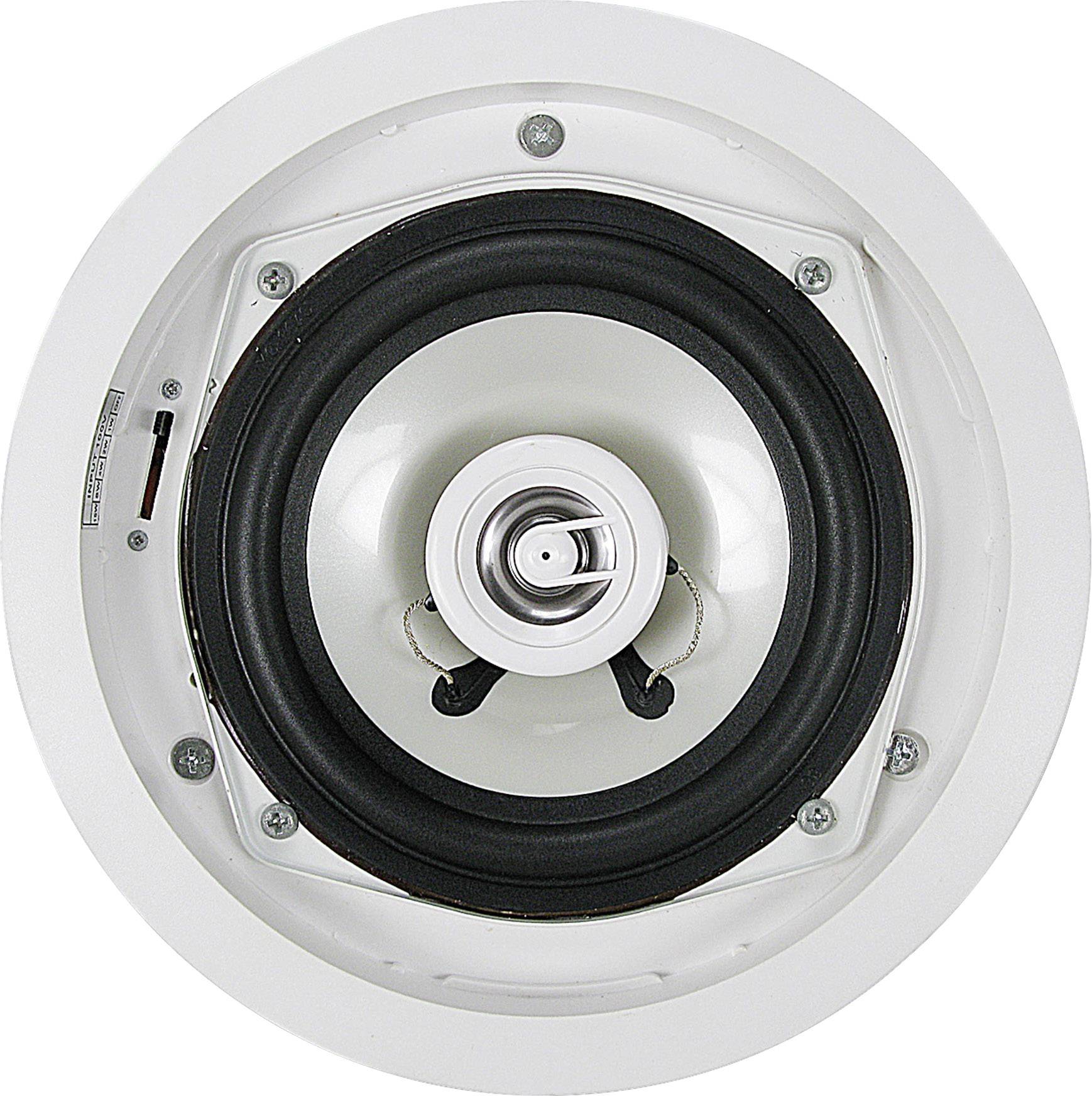 Un haut-parleur rond avec un cadre blanc, monté au plafond. Le haut-parleur a une membrane noire.