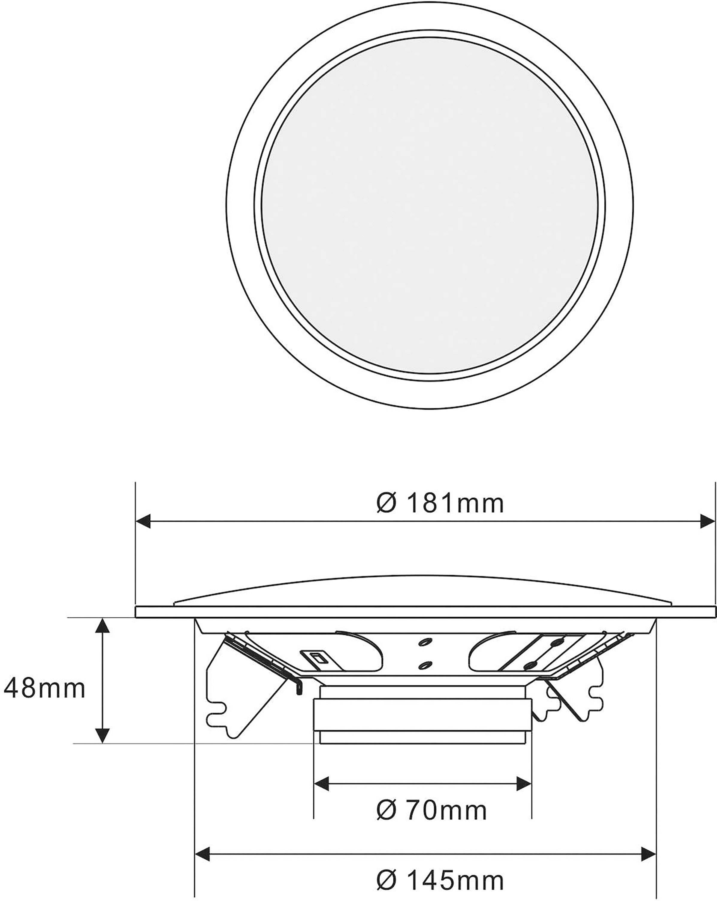 Dessin technique d'un haut-parleur de plafond rond avec indications de diamètre : face avant 181 mm, boîtier 145 mm, profondeur 48 mm.