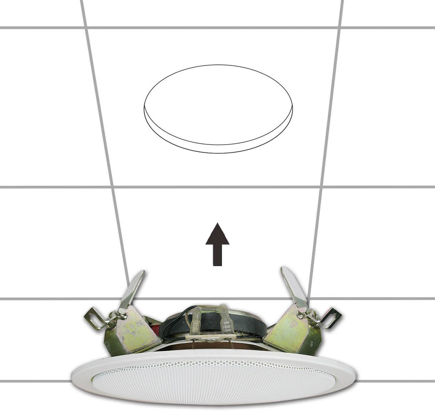 Haut-parleur encastrable de plafond installé dans une ouverture de plafond à l'aide de pinces métalliques.