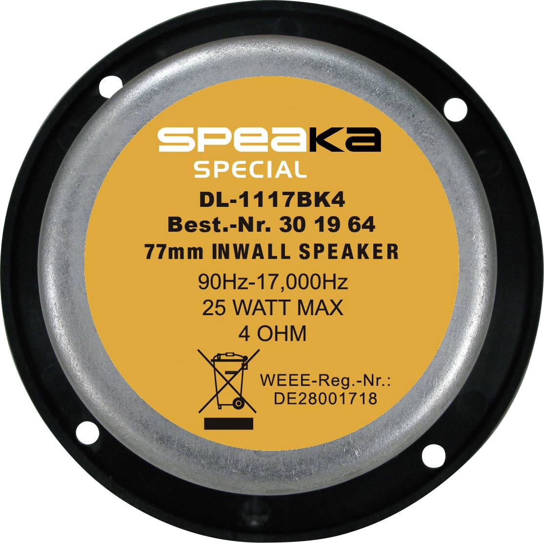 Haut-parleur 'Speaka Special' Modèle DL-1117BK4, 77mm Encastrable, 25 Watts, 4 Ohms, Plage de fréquence 90Hz-17.000Hz, Réf. 30 19 64.
