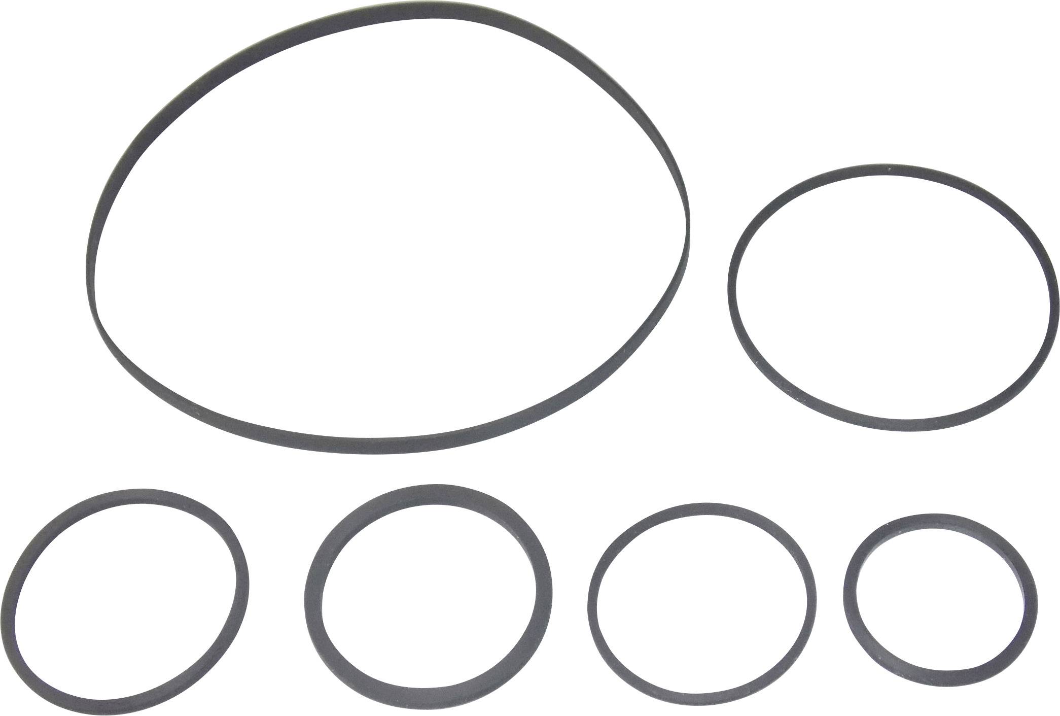 Six bagues d'étanchéité noires de différentes tailles sont disposées côte à côte sur un fond blanc.