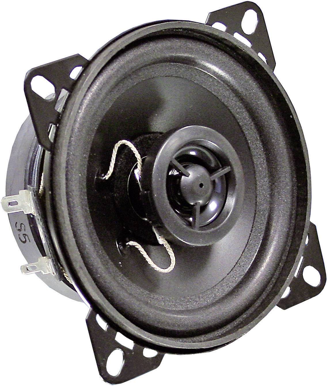 Un haut-parleur rond noir avec quatre fixations métalliques sur les côtés, montrant des bobines de fil et une construction conique centrale.