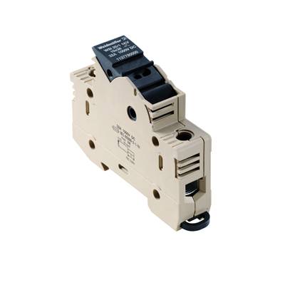 Un support de relais noir unique en beige, vue de dessus sur le côté, avec des connexions électriques et des spécifications clairement visibles.