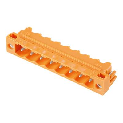 Un bloc de connexion électrique orange avec plusieurs bornes pour la connexion de câbles, sur un fond blanc.