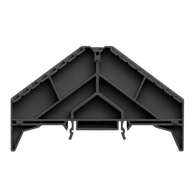 Un élément de connexion en plastique noir, triangulaire, avec des renforts, destiné à être utilisé dans des systèmes de construction modulaires.