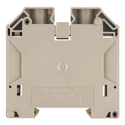 Bloc de connexion beige de Weidmüller, modèle WDU 50N, adapté pour 1000V, câbles de 50mm². Forme rectangulaire avec trous de fixation.