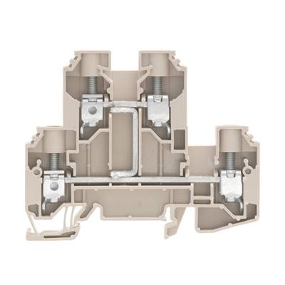 Attache de câble beige avec parties métalliques, utilisée pour les connexions électriques et la fixation sécurisée des câbles sur un rail DIN.