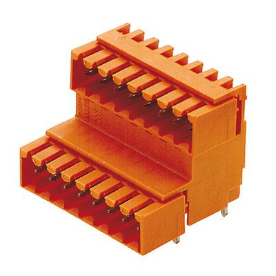 Connecteur plastique orange multibroche, typiquement utilisé pour les connexions électroniques sur les circuits imprimés.