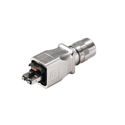 Un connecteur argenté avec boîtier métallique et deux broches de connexion, adapté aux applications industrielles.
