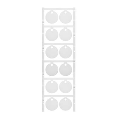 Une feuille de plastique blanc avec des étiquettes rondes découpées en trois rangées. Chaque rangée contient trois étiquettes.