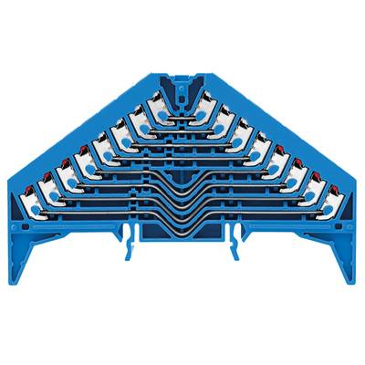Dispositif technique bleu, triangulaire, équipé de plusieurs contacts enfichables argentés. Utilisé pour établir une connexion électrique.