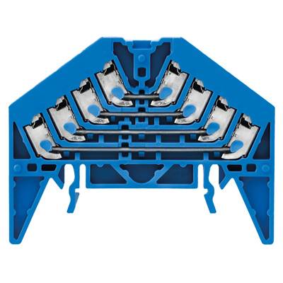 Un bloc de distribution électrique bleu avec plusieurs points de connexion disposés selon un design pyramidal.