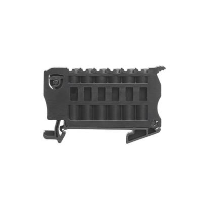 Une pièce métallique noire rectangulaire avec un bord supérieur dentelé et plusieurs évidements rectangulaires.