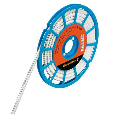 Une bobine bleue avec un câble blanc enroulé, imprimé de chiffres noirs. La bobine porte la marque 'Weidmüller'.