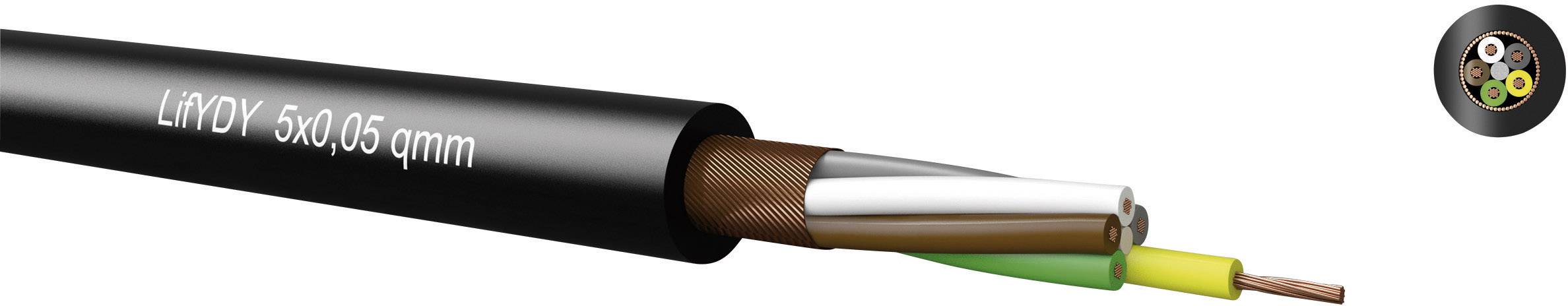 Un câble noir portant l'inscription 'LiYY 5x0,06 qmm' présente cinq fils de cuivre isolés. Les extrémités sont partiellement dénudées.