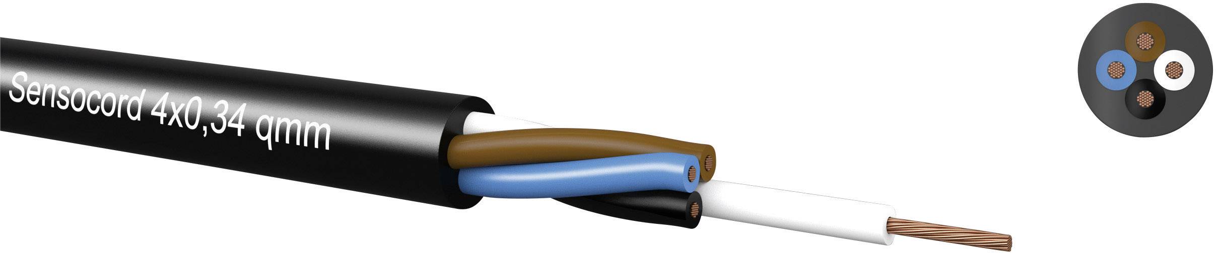 Câble de capteur noir 'Senscord 4x0,34 mm²' avec trois conducteurs visibles : marron, bleu, blanc. Adapté aux applications industrielles.