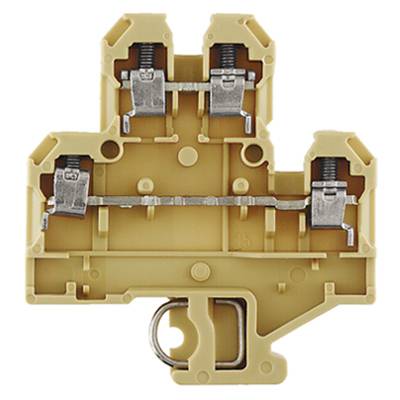 Un bloc de connexion électrique jaune avec deux boucles métalliques pour fixer les fils. Essentiel pour le câblage électrique.