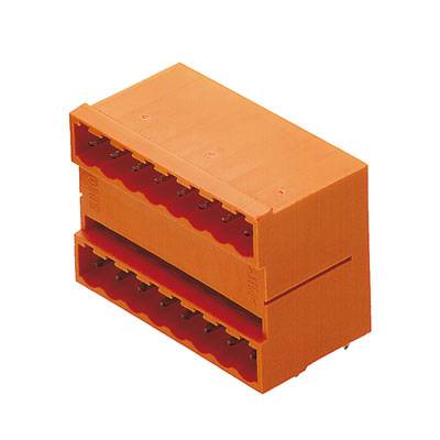 Un connecteur électrique orange à deux rangées de broches, adapté au câblage dans les appareils électroniques.