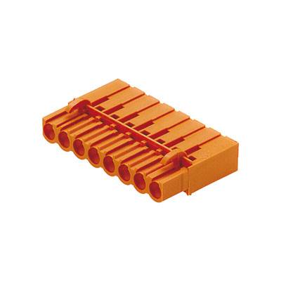 Un connecteur en plastique orange avec huit ouvertures rectangulaires pour fiches, adapté aux connexions électriques dans les appareils électroniques.