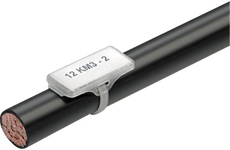 'Câble avec un bouclier métallique portant l'inscription '12 KM3 · 2'. Gaine noire avec un noyau de cuivre visible.'